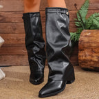 Livia - Women's Pointed-Toe Knee-High Boots with Metal Accent