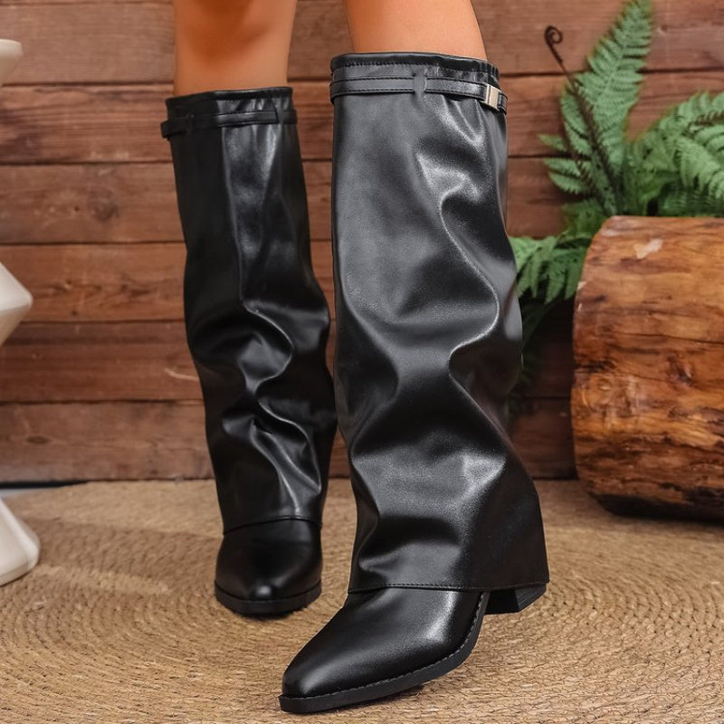 Livia - Women's Pointed-Toe Knee-High Boots with Metal Accent
