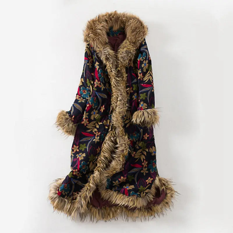 Livia - Women’s Vintage Floral Coat with Fur Collar