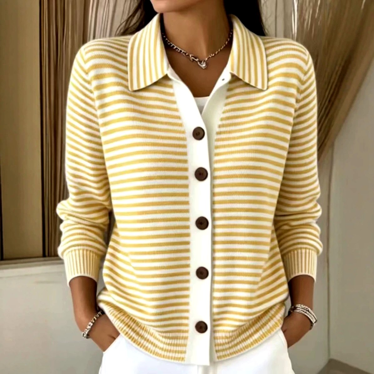 Liza - Women's Striped Collared Long Sleeve Cardigan 2