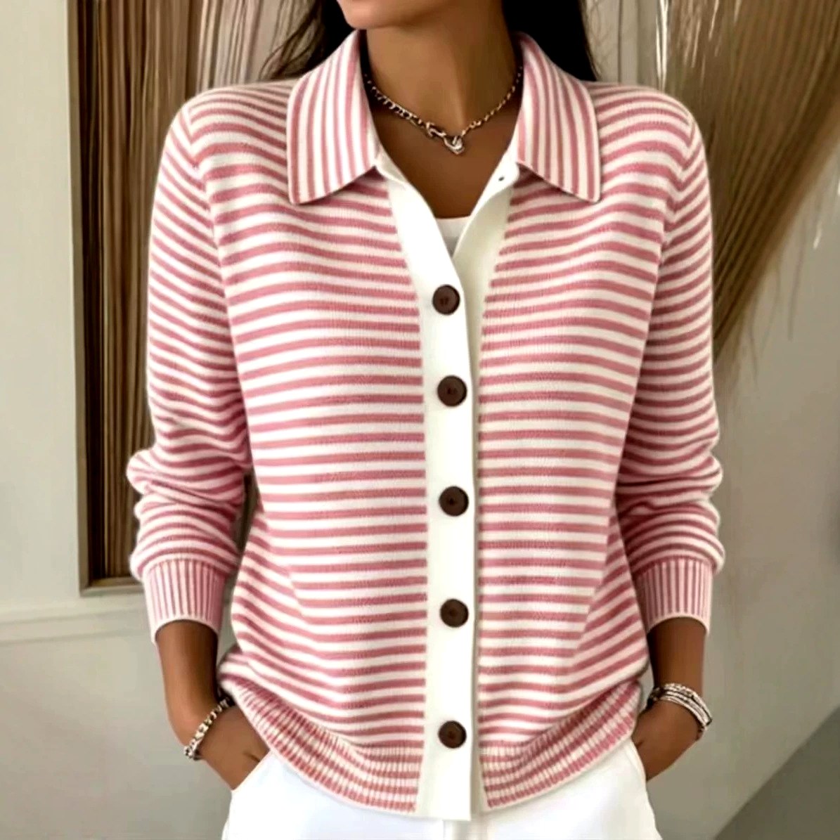 Liza - Women's Striped Collared Long Sleeve Cardigan 3