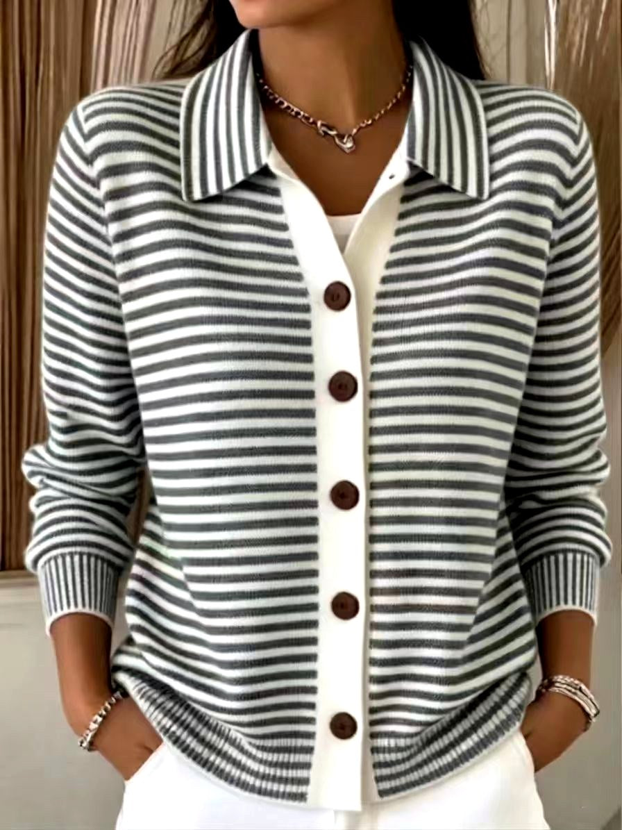 Liza - Women's Striped Collared Long Sleeve Cardigan 4