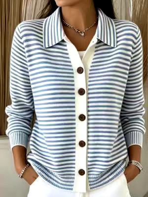 Liza - Women's Striped Collared Long Sleeve Cardigan 5