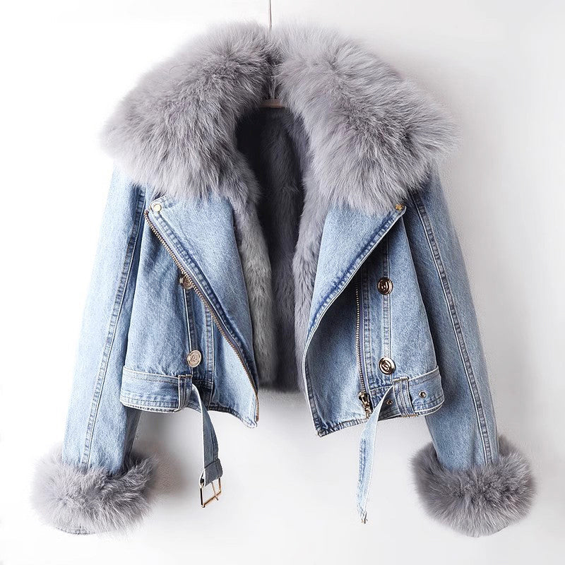 Lucy - Women's Cropped Denim Jacket with Oversized Faux-Fur Collar