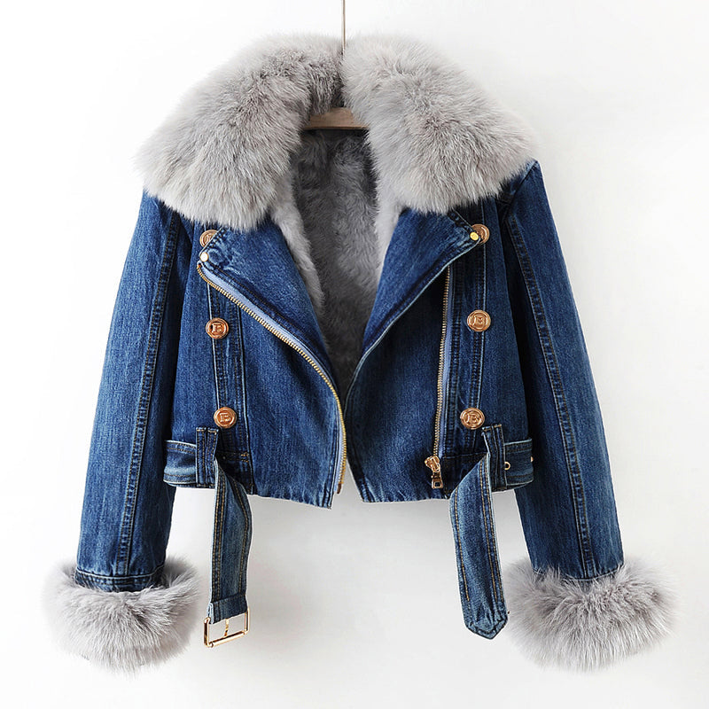 Lucy - Women's Cropped Denim Jacket with Oversized Faux-Fur Collar