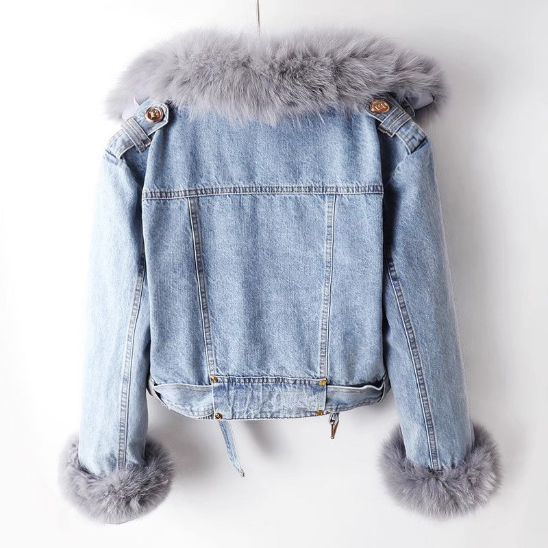 Lucy - Women's Cropped Denim Jacket with Oversized Faux-Fur Collar
