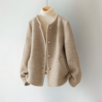 Lucy - Women's Textured Button-Front Cardigan with Collarless Neckline