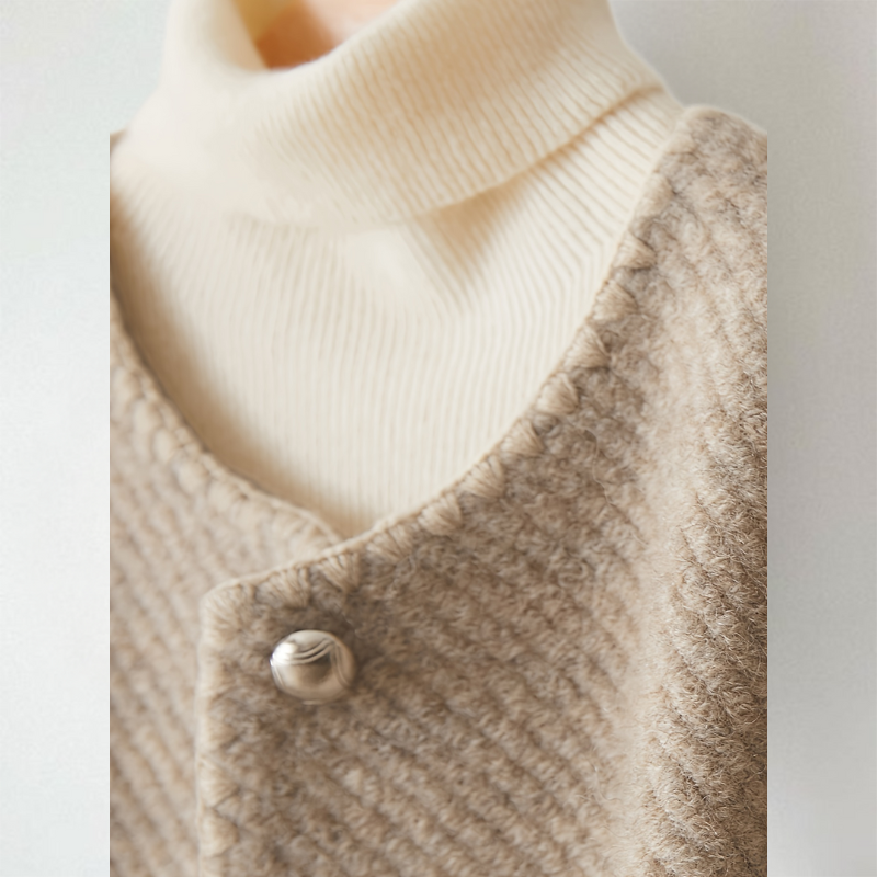 Lucy - Women's Textured Button-Front Cardigan with Collarless Neckline