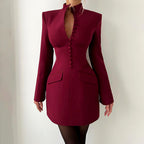 Lucy  - Women's Stand Collar Covered Button Blazer Dress 4