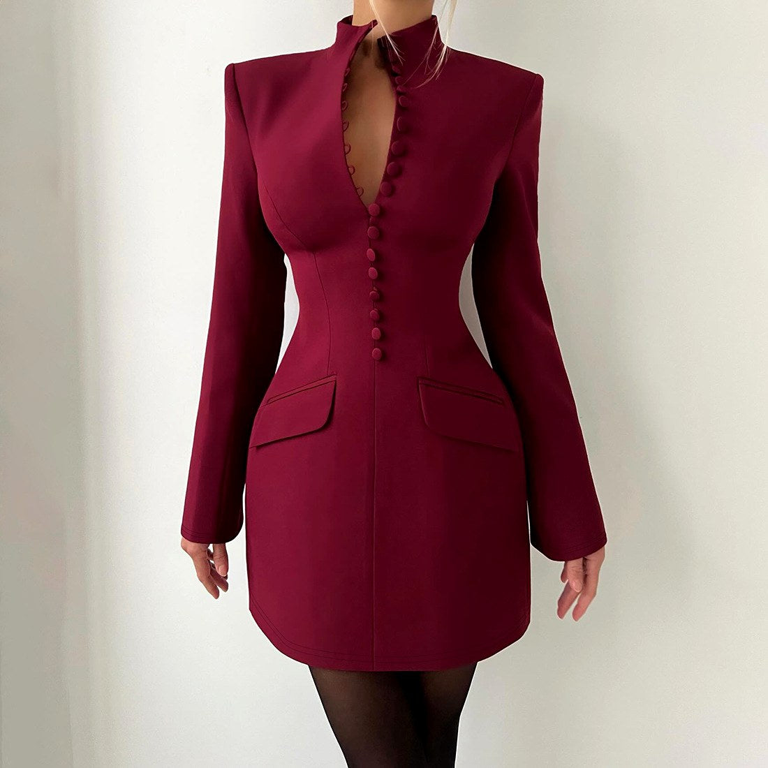 Lucy  - Women's Stand Collar Covered Button Blazer Dress 4