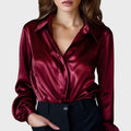 Luna - Women's Satin Button-Front Blouse with Notch Collar