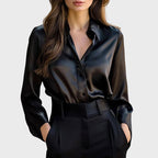 Luna - Women's Satin Button-Front Blouse with Notch Collar