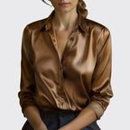 Luna - Women's Satin Button-Front Blouse with Notch Collar