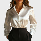 Luna - Women's Satin Button-Front Blouse with Notch Collar