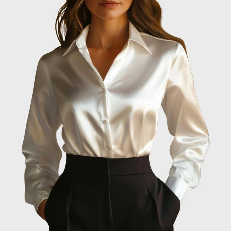 Luna - Women's Satin Button-Front Blouse with Notch Collar
