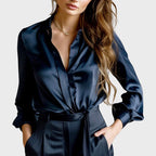 Luna - Women's Satin Button-Front Blouse with Notch Collar
