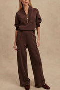Maeve - Women's Half-Zip Knit Set with Wide-Leg Pants