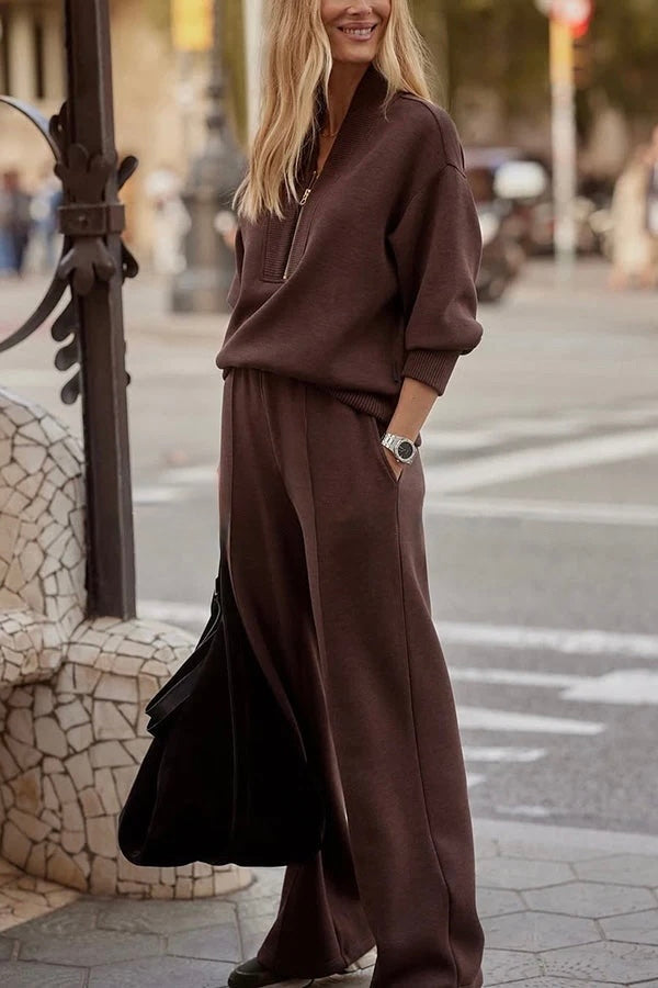 Maeve - Women's Half-Zip Knit Set with Wide-Leg Pants