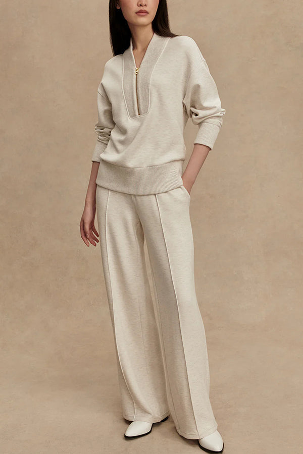 Maeve - Women's Half-Zip Knit Set with Wide-Leg Pants