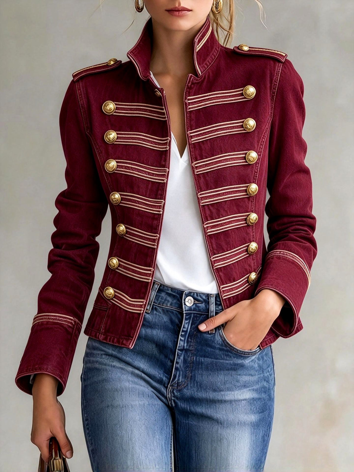 Makayla - Women’s Piped Trim Gold Button Jacket 3