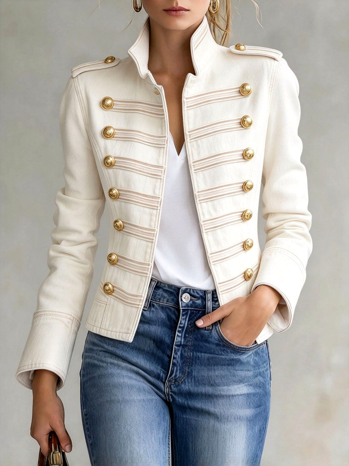 Makayla - Women’s Piped Trim Gold Button Jacket 4