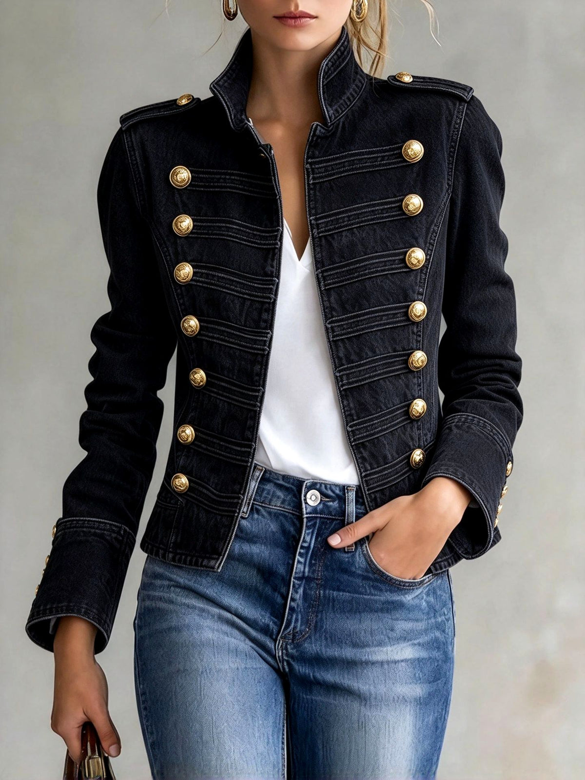 Makayla - Women’s Piped Trim Gold Button Jacket 5