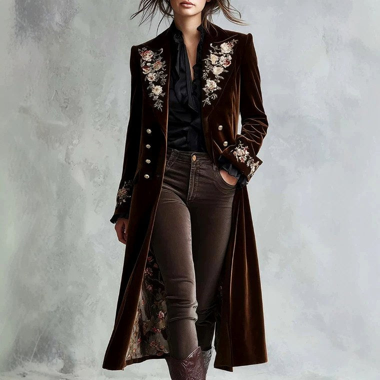 Maren - Women's Botanical Embroidered Velvet Long Coat 3