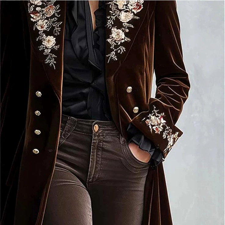 Maren - Women's Botanical Embroidered Velvet Long Coat 4