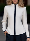Margaux - Women's Ribbed Zip Cardigan with Tipped Trim