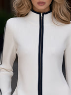 Margaux - Women's Ribbed Zip Cardigan with Tipped Trim
