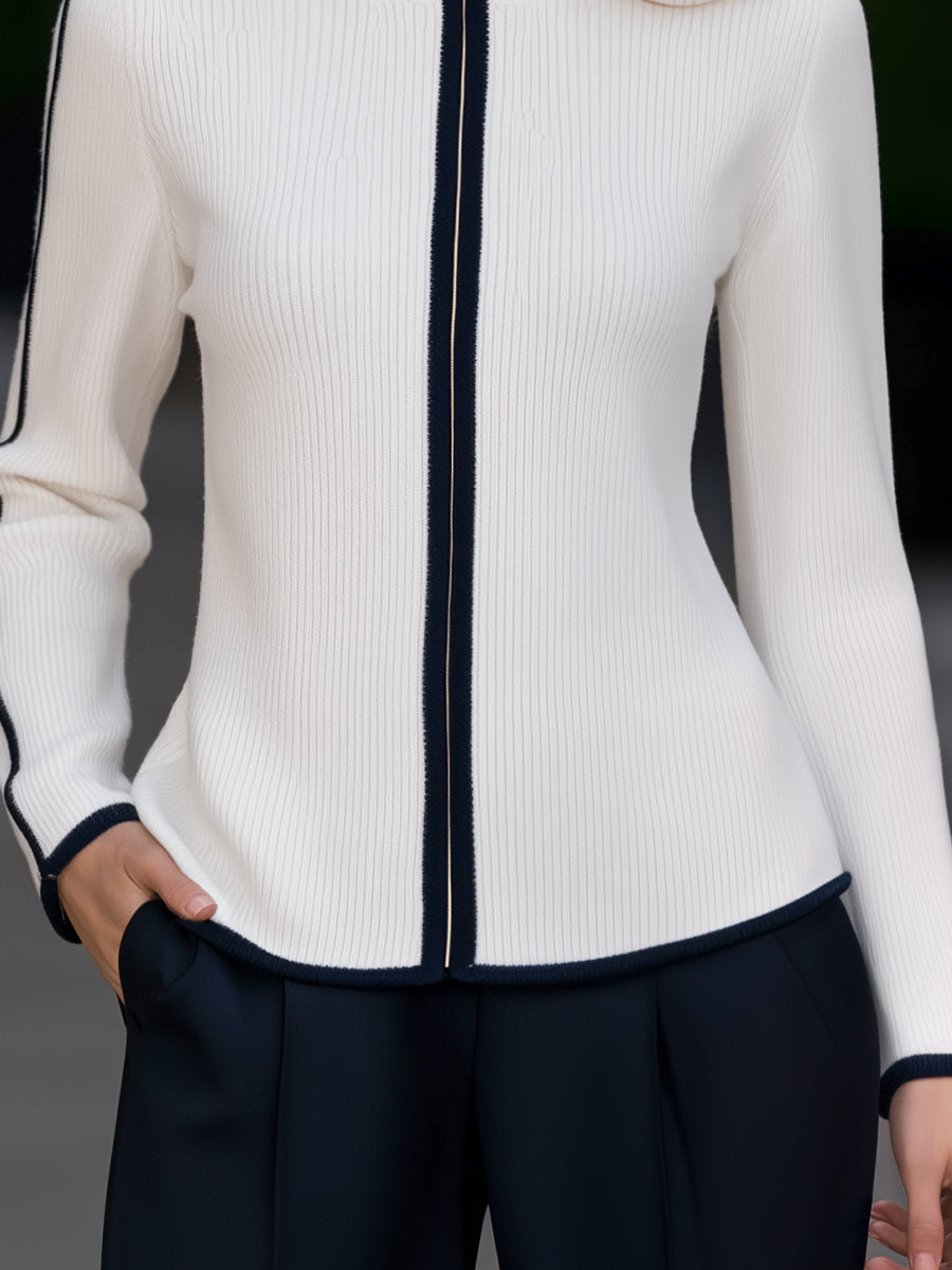 Margaux - Women's Ribbed Zip Cardigan with Tipped Trim