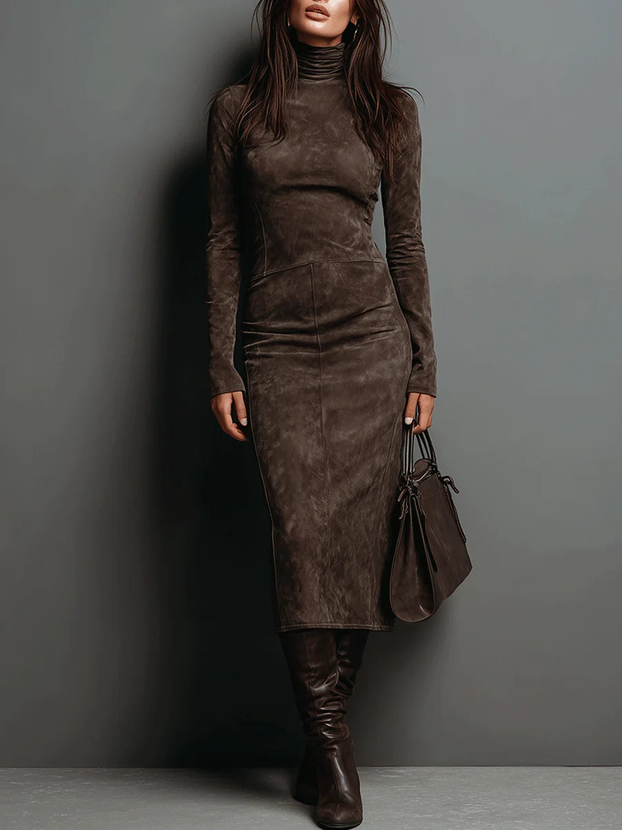 Margot - Women's Turtleneck Suede-Feel Midi Dress