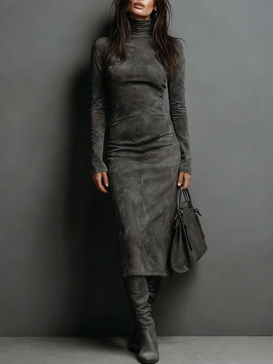 Margot - Women's Turtleneck Suede-Feel Midi Dress