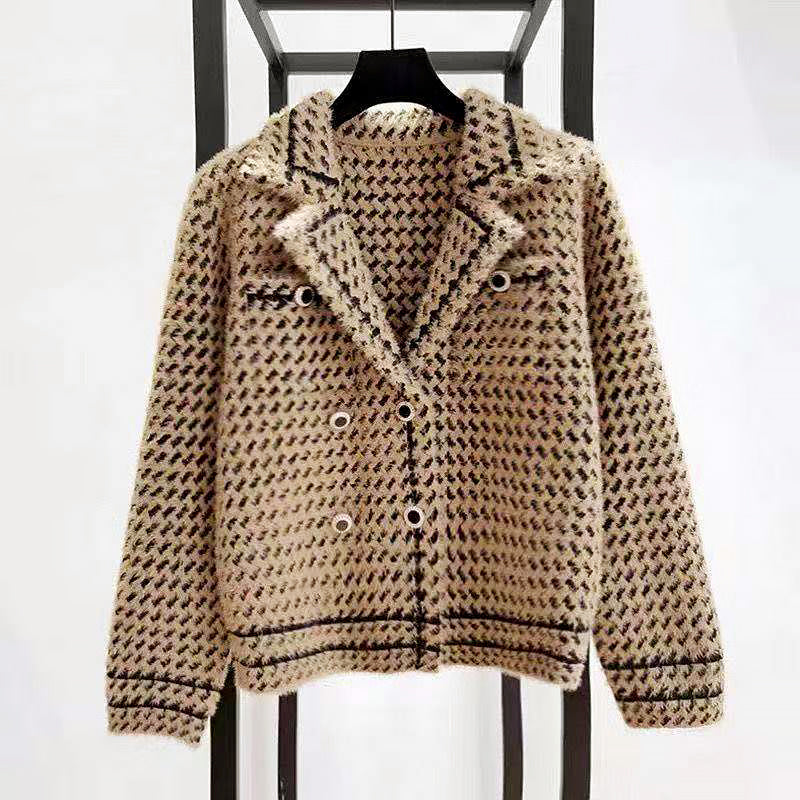 Marilyn - Women's Cropped Double-Breasted Houndstooth Jacket
