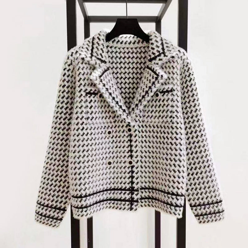 Marilyn - Women's Cropped Double-Breasted Houndstooth Jacket