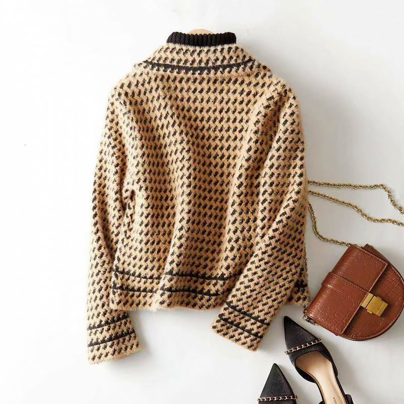 Marilyn - Women's Cropped Double-Breasted Houndstooth Jacket
