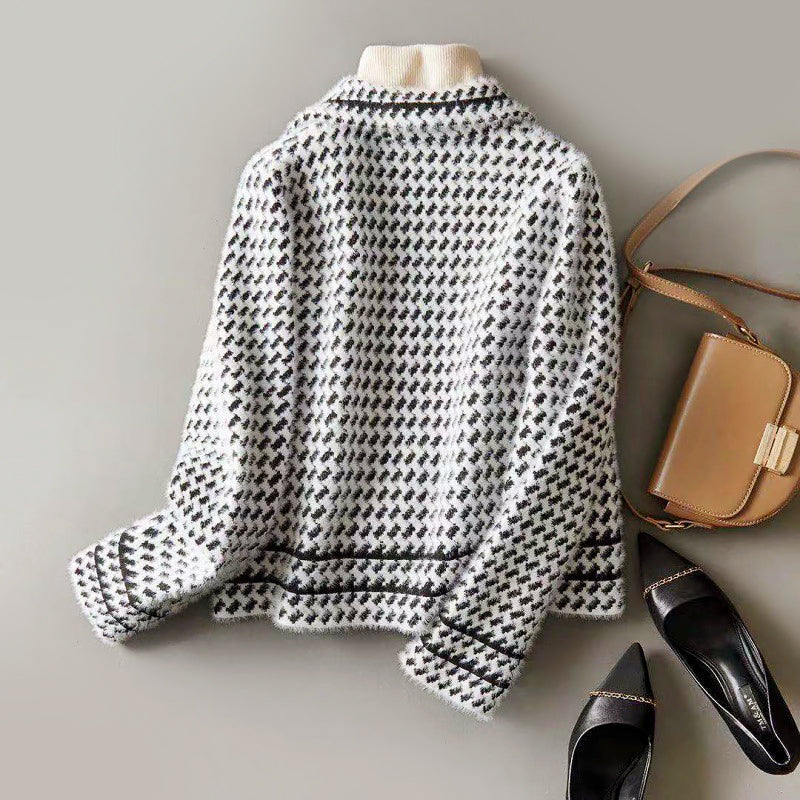 Marilyn - Women's Cropped Double-Breasted Houndstooth Jacket