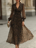 Marisol - Women's Leopard Print Wrap Midi Dress with Gathered Cuffs
