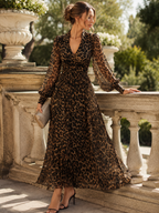 Marisol - Women's Leopard Print Wrap Midi Dress with Gathered Cuffs