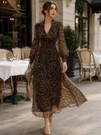 Marisol - Women's Leopard Print Wrap Midi Dress with Gathered Cuffs