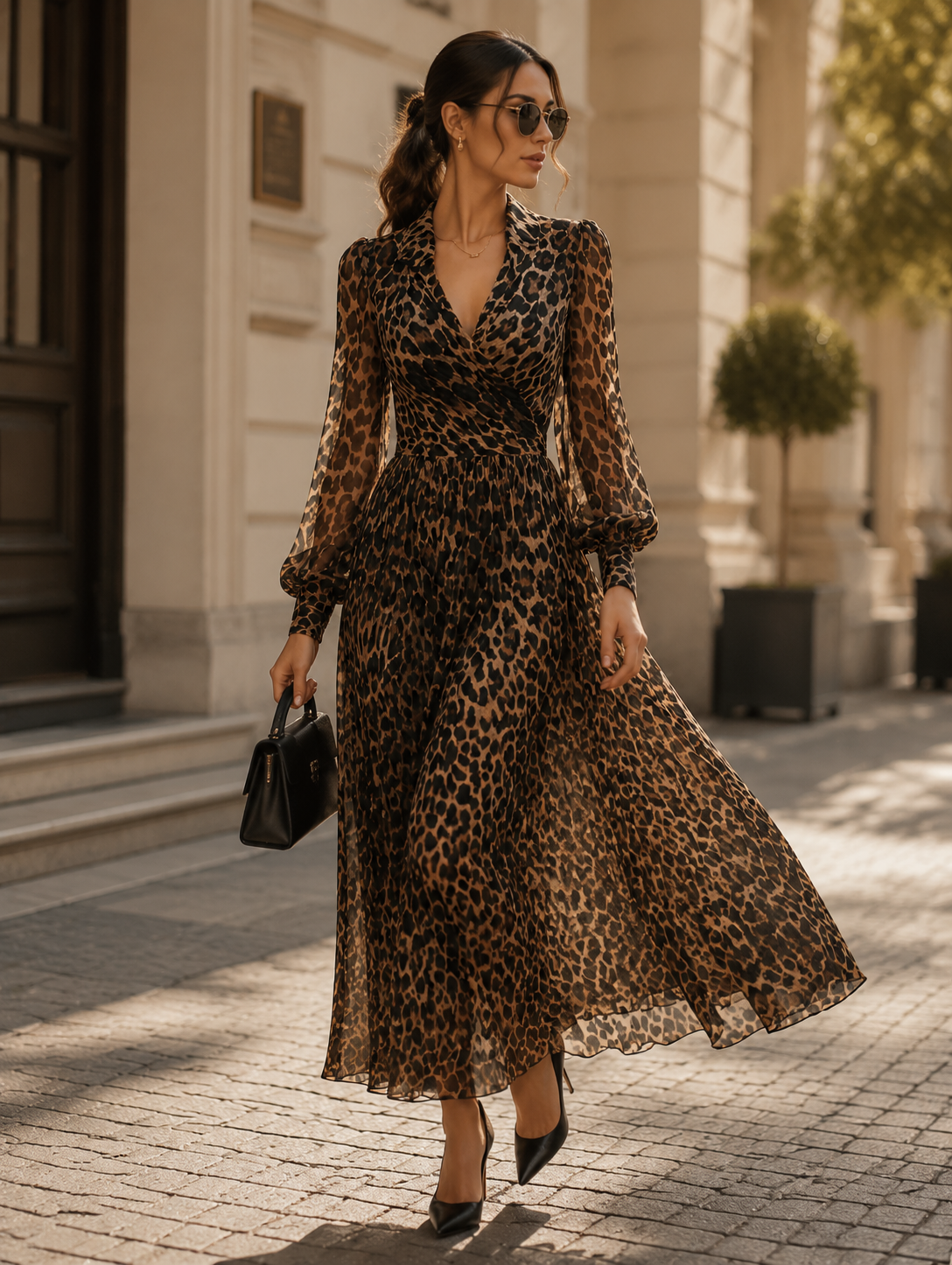 Marisol - Women's Leopard Print Wrap Midi Dress with Gathered Cuffs