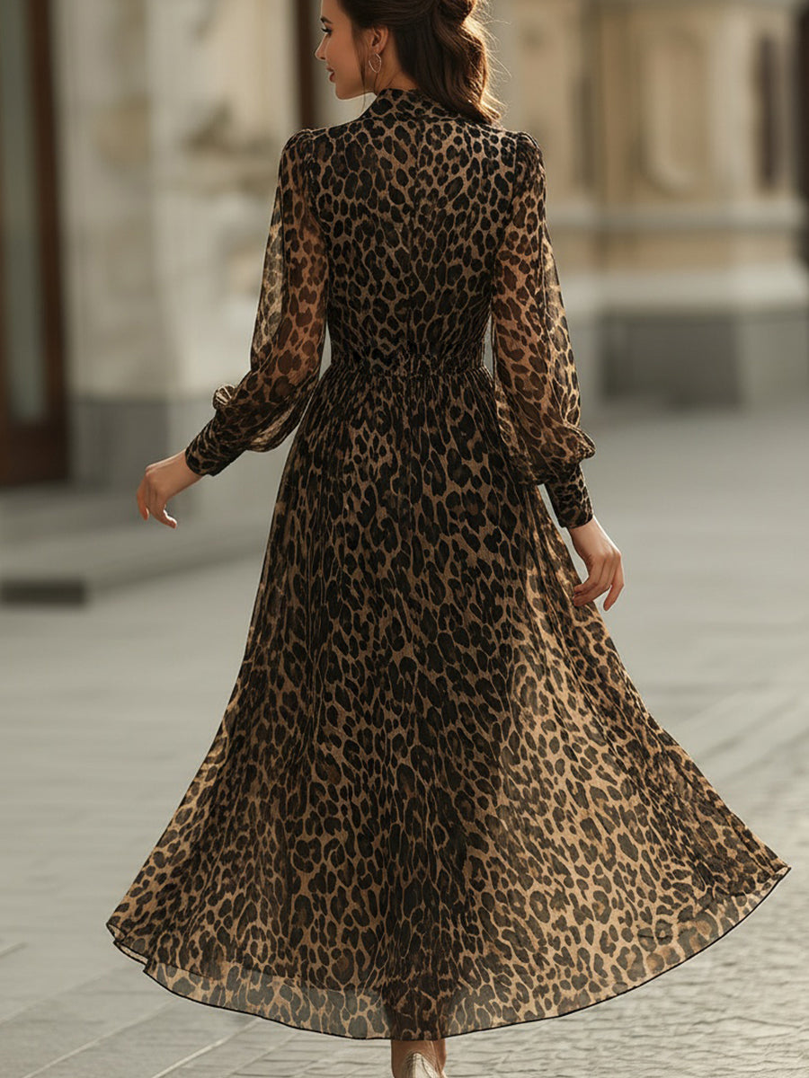 Marisol - Women's Leopard Print Wrap Midi Dress with Gathered Cuffs