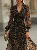 Marisol - Women's Leopard Print Wrap Midi Dress with Gathered Cuffs