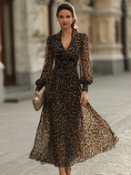 Marisol - Women's Leopard Print Wrap Midi Dress with Gathered Cuffs