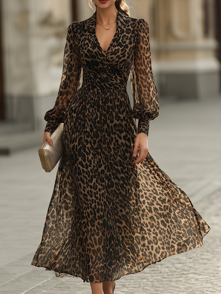 Marisol - Women's Leopard Print Wrap Midi Dress with Gathered Cuffs