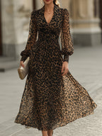 Marisol - Women's Leopard Print Wrap Midi Dress with Gathered Cuffs