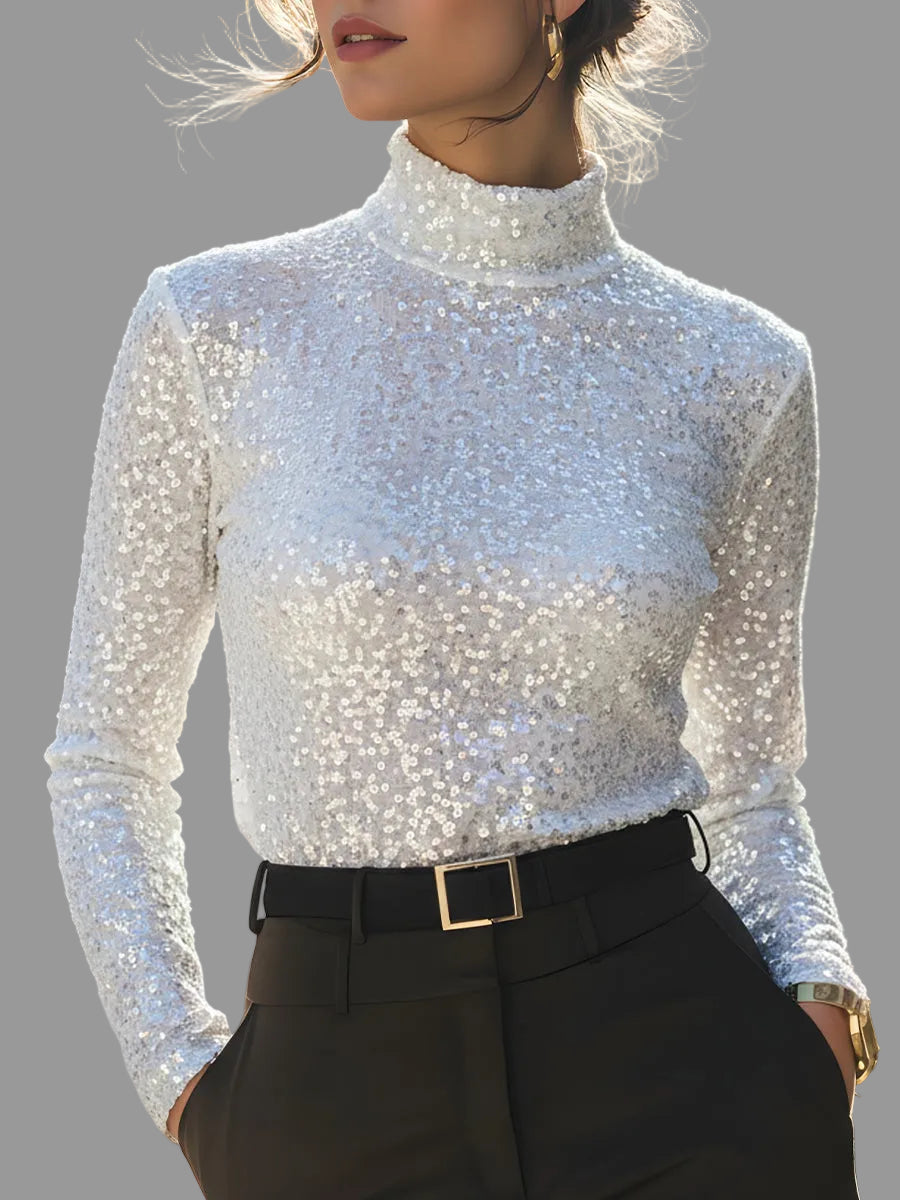 Maryam - Women's Sequined Mock-Neck Long-Sleeve Top