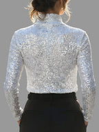 Maryam - Women's Sequined Mock-Neck Long-Sleeve Top