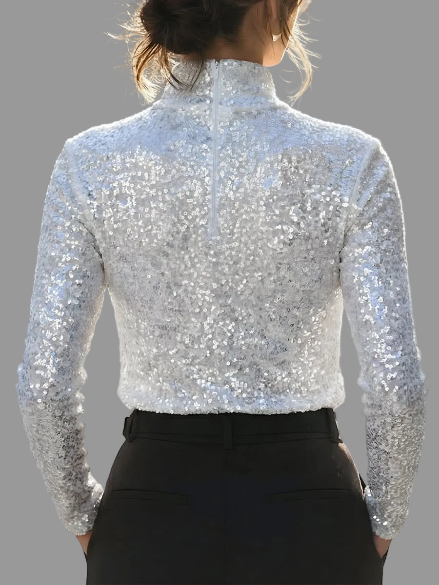 Maryam - Women's Sequined Mock-Neck Long-Sleeve Top