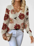 Matilda - Women's Floral V-Neck Sweater with Openwork Sleeves